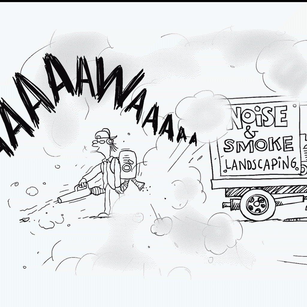 Hand-drawn animation loop of a landscaper operating a noisy gas-powered leaf blower.
